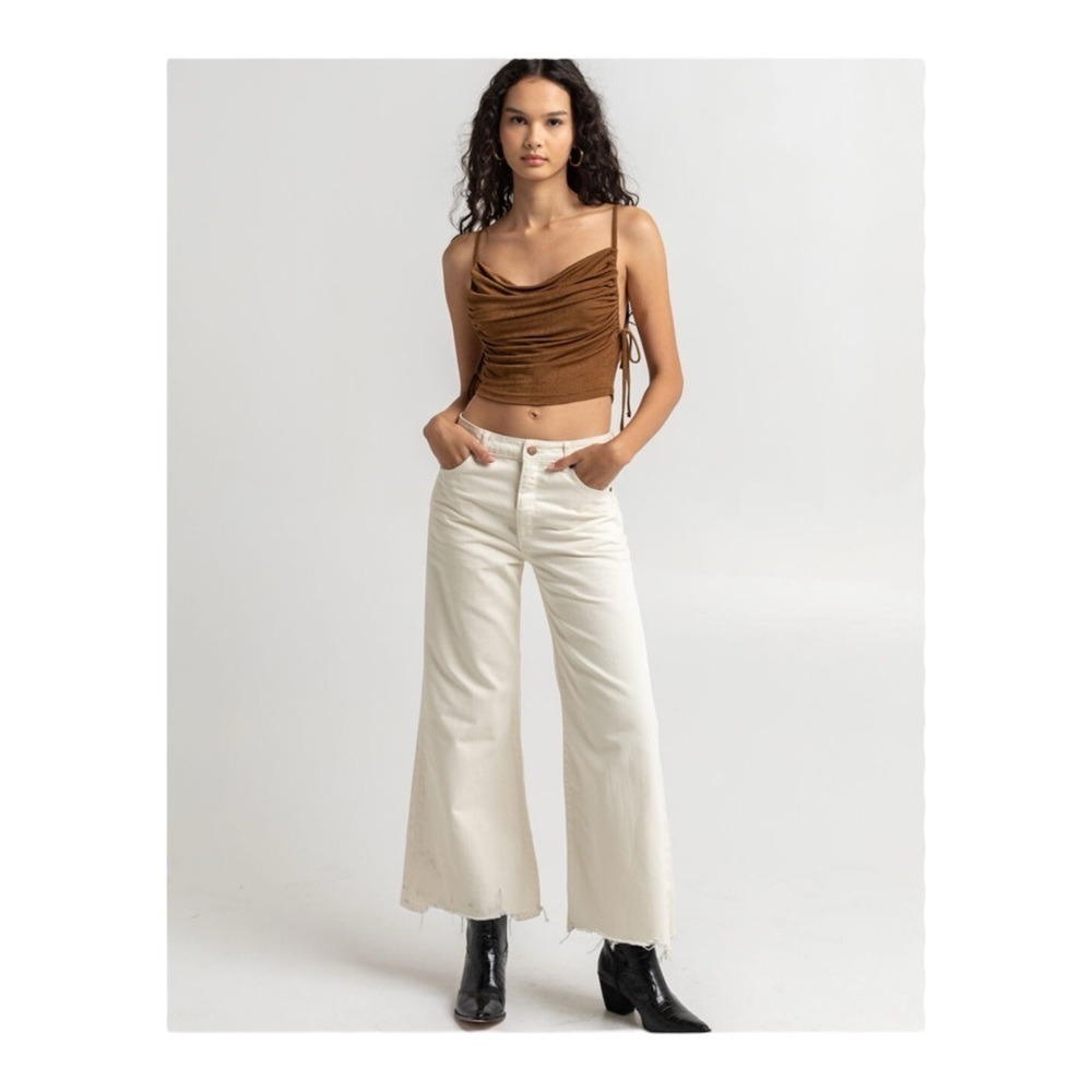 TRACTR Wide Leg Distressed Hem Denim Pants in Cream NWT - Picture 3 of 7